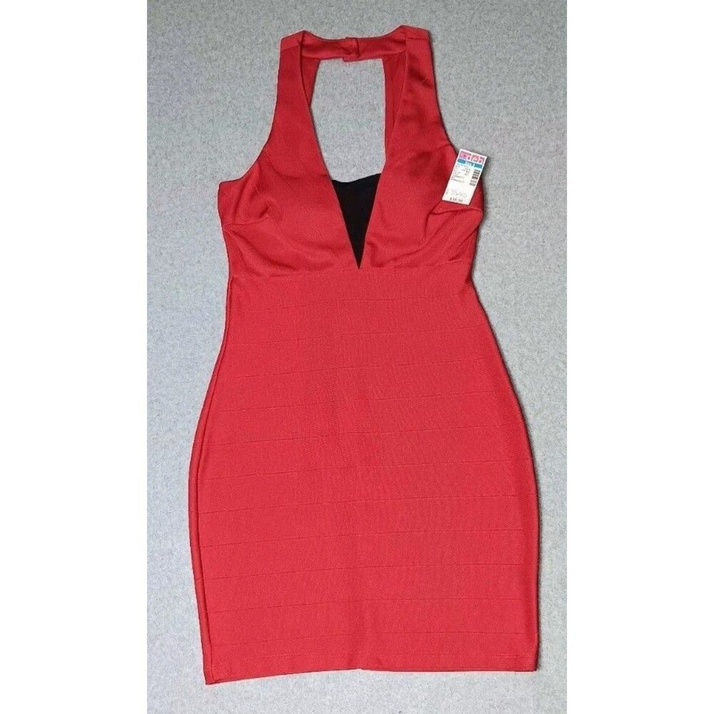 NWT! Deb Mini Slip Dress Womens Size 7 Red Mesh Vneck Button Zip Up Formal...